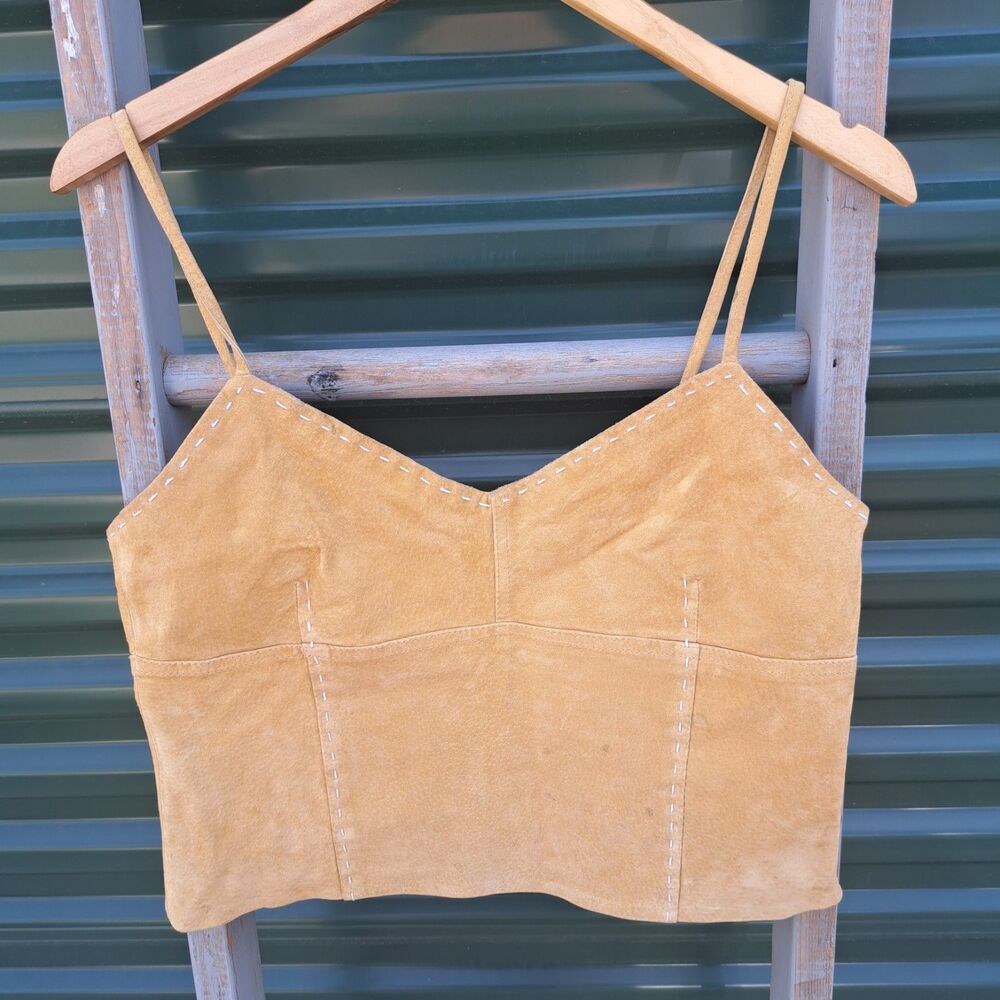 Vintage Lili Le Rose Y2k Tank 100% Leather Medium Brown Cropped Top Shirt Size 8